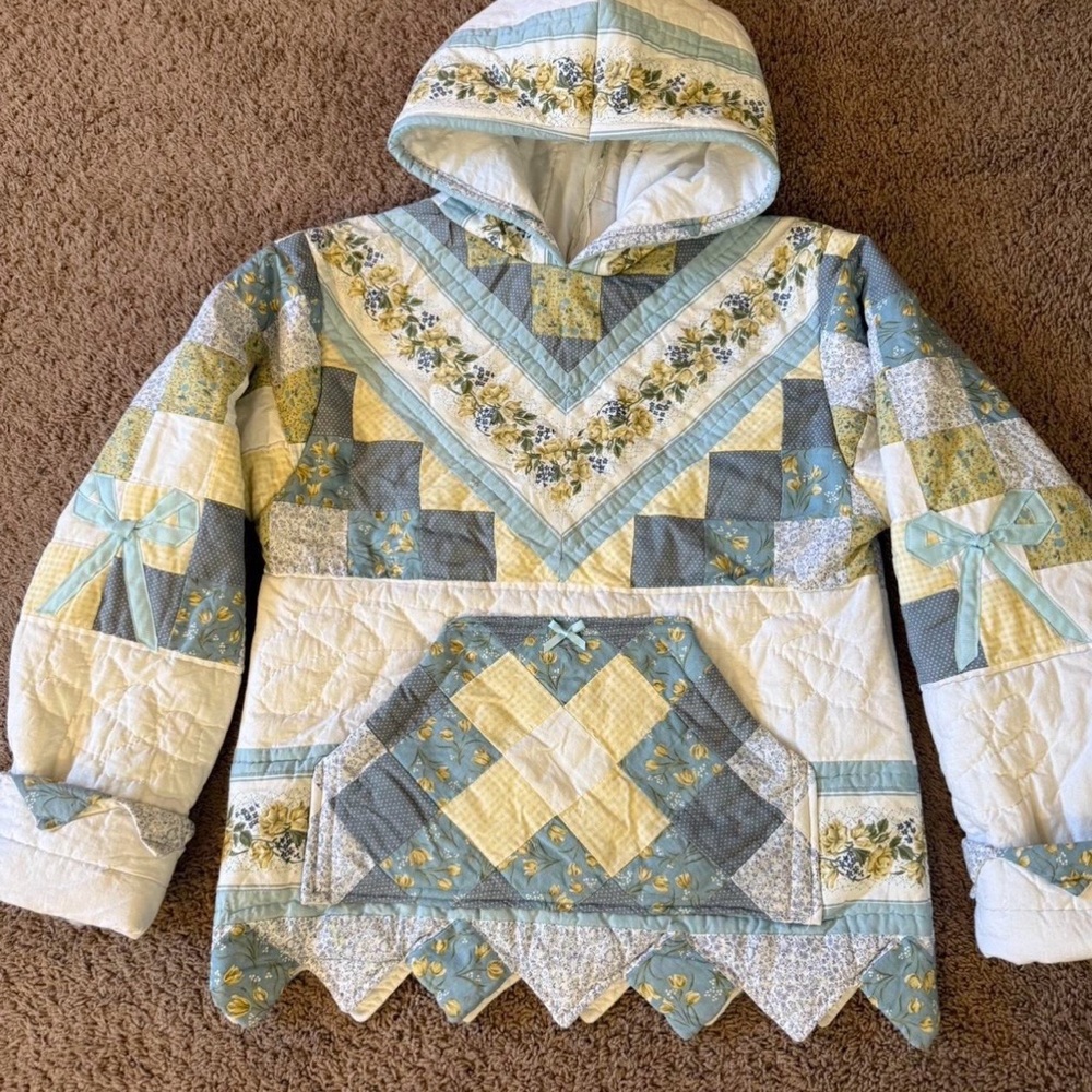 Patchwork Quilted Hoodie Jacket with Bow Detail